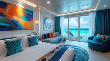 A contemporary hotel suite featuring an open-plan layout with a cozy seating area, abstract artwork on the walls, and a private balcony with ocean views.の素材