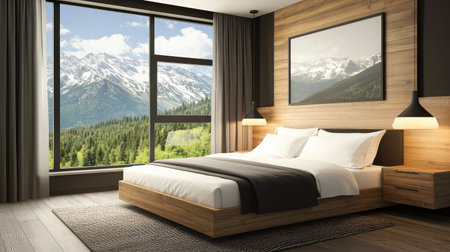 A contemporary hotel suite showcasing a minimalist design with a platform bed, built-in storage solutions, and floor-to-ceiling windows offering mountain views.の素材