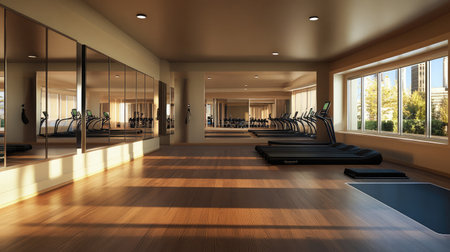 A hotel gym featuring a spacious aerobics studio with mirrored walls, wooden floors, and a sound system for classes.の素材