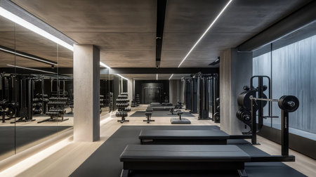 A hotel gym showcasing a dedicated free weight area with benches, barbells, and a mirrored wall for form assessment.の素材