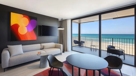 A contemporary hotel suite featuring an open-plan layout with a cozy seating area, abstract artwork on the walls, and a private balcony with ocean views.の素材