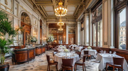 A grand hotel dining room with high ceilings, ornate chandeliers, and tables elegantly set with fine linens and centerpieces.の素材