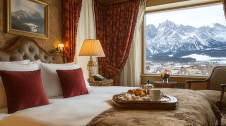 A hotel room with a view of snow-capped mountains, where a tray with hot cocoa, marshmallows, and pastries sits invitingly on the bed.の素材