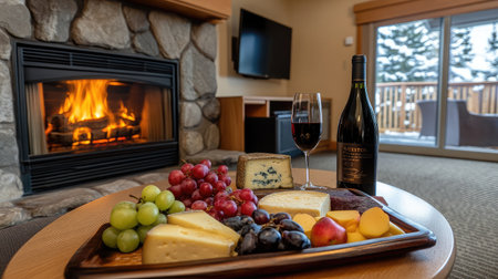 A cozy hotel suite with a fireplace, where a tray of assorted cheeses, fruits, and a glass of red wine awaits on the coffee table.の素材