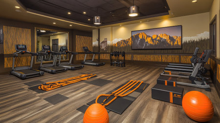 A hotel gym with a dedicated area for high-intensity interval training, featuring battle ropes, jump boxes, and kettlebells.の素材