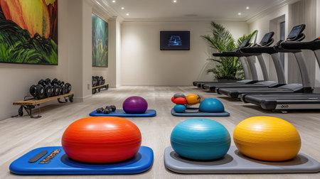 A hotel fitness center showcasing a selection of balance and stability equipment, including BOSU balls and balance boards.の素材