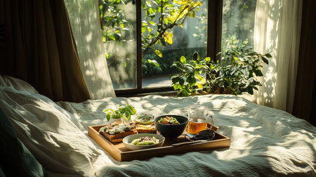 A contemporary hotel room with a vegan breakfast spread, including avocado toast, smoothie bowl, and herbal tea on a wooden tray.の素材