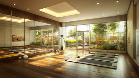 A hotel gym featuring a spacious aerobics studio with mirrored walls, wooden floors, and a sound system for classes.の素材