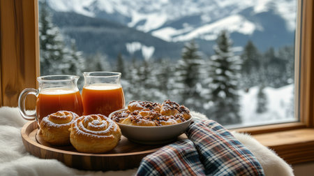 A cozy mountain lodge room showcasing a tray with hot apple cider, cinnamon rolls, and a plaid napkin beside a window with snowy views.の素材
