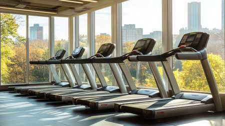 A hotel fitness center featuring a row of treadmills facing floor-to-ceiling windows with a scenic outdoor view.の素材
