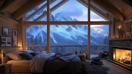 A cozy mountain cabin bedroom featuring a large window overlooking snow-covered peaks, rustic wooden furniture, and a roaring fireplace.の素材