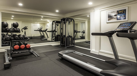 A hotel fitness center featuring a clean, minimalist design with sleek black and white equipment and large mirrors.の素材