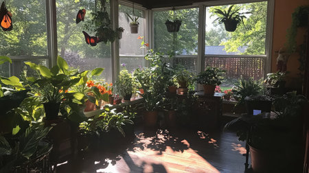 A cozy sunroom filled with potted plants, featuring large windows that open to a blooming spring garden with butterflies and birds.の素材