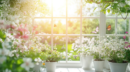 A cozy sunroom filled with potted plants, featuring large windows that open to a blooming spring garden with butterflies and birds.の素材