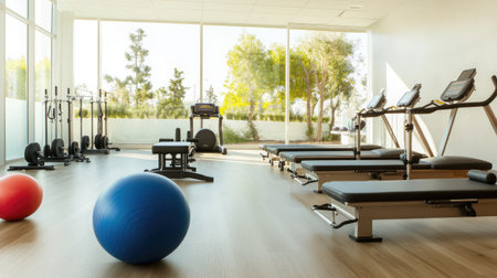 A hotel fitness center highlighting a selection of Pilates equipment, including reformers and stability balls, in a bright, airy space.の素材