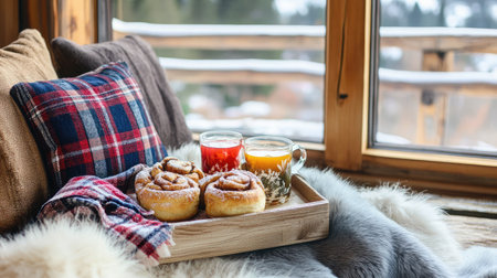 A cozy mountain lodge room showcasing a tray with hot apple cider, cinnamon rolls, and a plaid napkin beside a window with snowy views.の素材