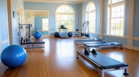 A hotel fitness center highlighting a selection of Pilates equipment, including reformers and stability balls, in a bright, airy space.の素材