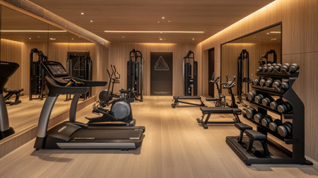 A hotel gym featuring state-of-the-art cardio machines, free weights neatly organized, and mirrors lining the walls.の素材