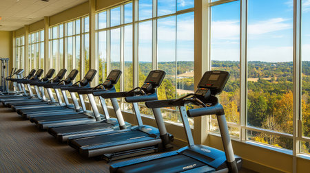 A hotel fitness center featuring a row of treadmills facing floor-to-ceiling windows with a scenic outdoor view.の素材