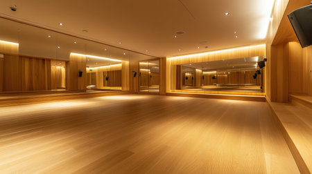 A hotel gym featuring a spacious aerobics studio with mirrored walls, wooden floors, and a sound system for classes.の素材