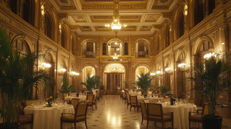 A grand hotel dining room with high ceilings, ornate chandeliers, and tables elegantly set with fine linens and centerpieces.の素材