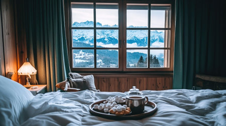 A hotel room with a view of snow-capped mountains, where a tray with hot cocoa, marshmallows, and pastries sits invitingly on the bed.の素材