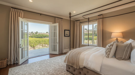 A luxurious master suite with French doors opening to a balcony with a vineyard view, featuring elegant decor and a canopy bed.の素材