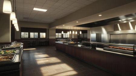 A modern hotel buffet area with sleek counters, a variety of international dishes artfully displayed, and contemporary lighting.の素材