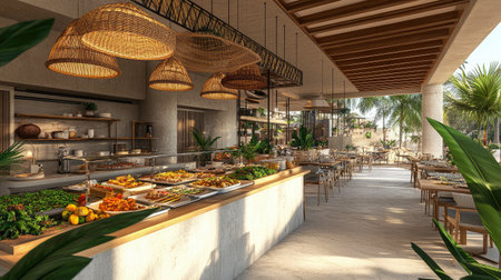 A modern hotel buffet area with sleek counters, a variety of international dishes artfully displayed, and contemporary lighting.の素材