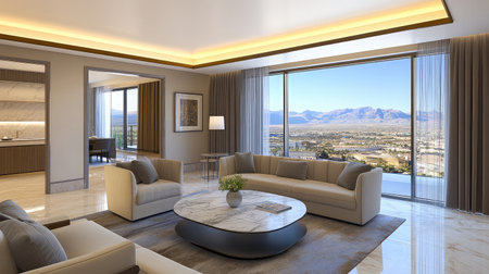 A luxurious hotel suite featuring a spacious living area with plush velvet sofas, a marble coffee table, and floor-to-ceiling windows offering panoramic city views.の素材