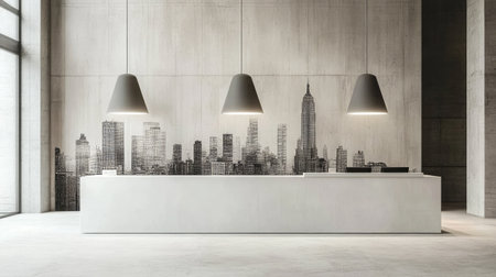 A minimalist hotel reception area with a sleek white desk, illuminated by pendant lights, and a backdrop of a monochrome cityscape mural.の素材