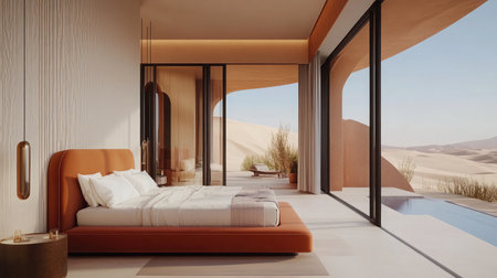 A minimalist bedroom in a desert villa, with sliding glass doors revealing a vast expanse of sand dunes under a clear sky.の素材
