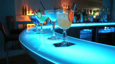 A modern hotel cocktail bar with sleek design, ambient LED lighting, and a wide array of colorful cocktails displayed on the counter.の素材