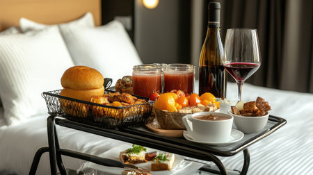 A luxurious suite featuring a room service cart with a full-course dinner, complete with appetizers, main course, dessert, and a bottle of red wine.の素材