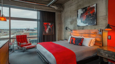 A modern hotel suite with an industrial aesthetic, highlighting concrete walls, metal furnishings, and large windows offering urban skyline views.の素材