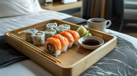 A modern hotel room featuring a sushi platter with soy sauce and chopsticks, elegantly presented on a wooden tray atop a minimalist desk.の素材