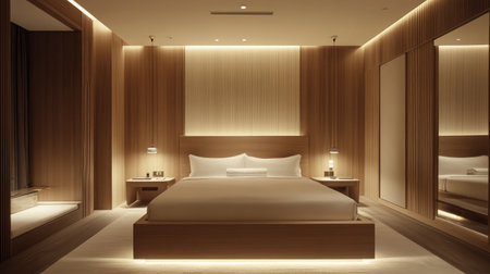 A modern hotel suite showcasing a minimalist design with a king-sized bed, sleek wooden furnishings, and ambient recessed lighting creating a serene atmosphere.の素材