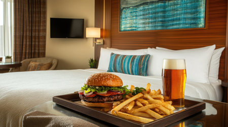 A minimalist hotel room with a sleek tray holding a gourmet burger, fries, and a craft beer, placed on a glass-top table.の素材