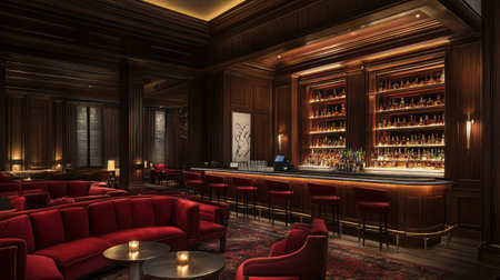 A luxurious hotel bar with plush velvet seating, ambient lighting, and a well-stocked backlit bar showcasing premium spirits.の素材