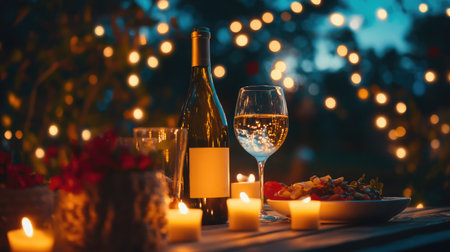A romantic dinner setting in a hotel room, with a table for two adorned with candles, a gourmet meal, and a bottle of white wine.の素材