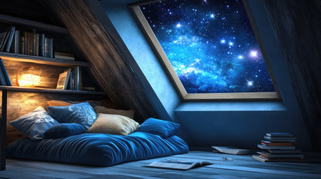 A quaint attic reading nook with a skylight window offering views of a starlit sky, filled with plush cushions and shelves of books.の素材