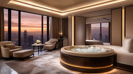 A luxurious hotel suite featuring a private in-room spa area with a bathtub tub, ambient lighting, and plush seating for ultimate relaxation.の素材