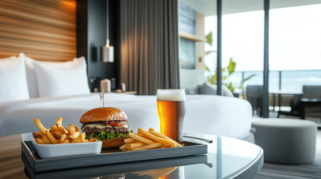 A minimalist hotel room with a sleek tray holding a gourmet burger, fries, and a craft beer, placed on a glass-top table.の素材