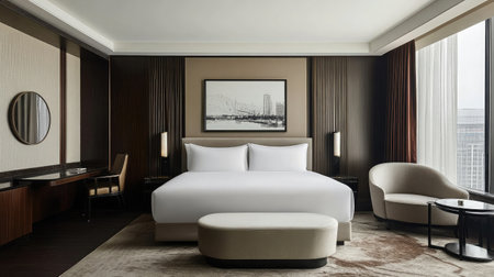 A sleek hotel suite showcasing a minimalist design with neutral tones, clean lines, and a focus on functionality and comfort.の素材