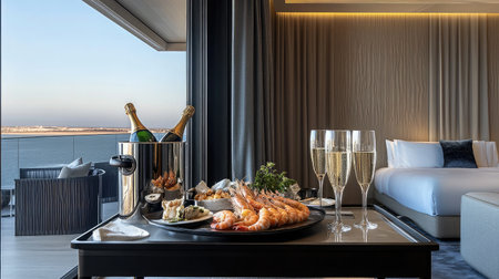 A luxurious penthouse suite with a room service cart holding a seafood platter, champagne bucket, and elegant table settings near a panoramic window.の素材