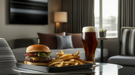 A minimalist hotel room with a sleek tray holding a gourmet burger, fries, and a craft beer, placed on a glass-top table.の素材