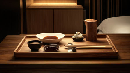 A modern hotel room featuring a sushi platter with soy sauce and chopsticks, elegantly presented on a wooden tray atop a minimalist desk.の素材