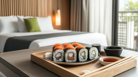 A modern hotel room featuring a sushi platter with soy sauce and chopsticks, elegantly presented on a wooden tray atop a minimalist desk.の素材