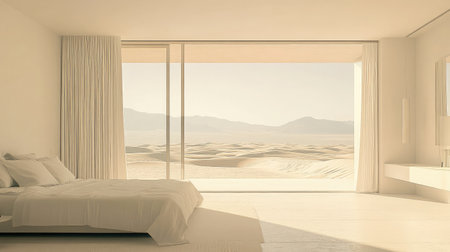 A minimalist bedroom in a desert villa, with sliding glass doors revealing a vast expanse of sand dunes under a clear sky.の素材
