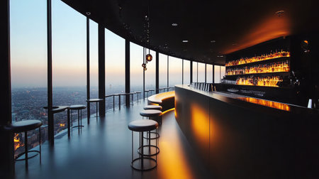A modern rooftop hotel bar offering panoramic city views, sleek minimalist design, and a stylish counter with high stools.の素材